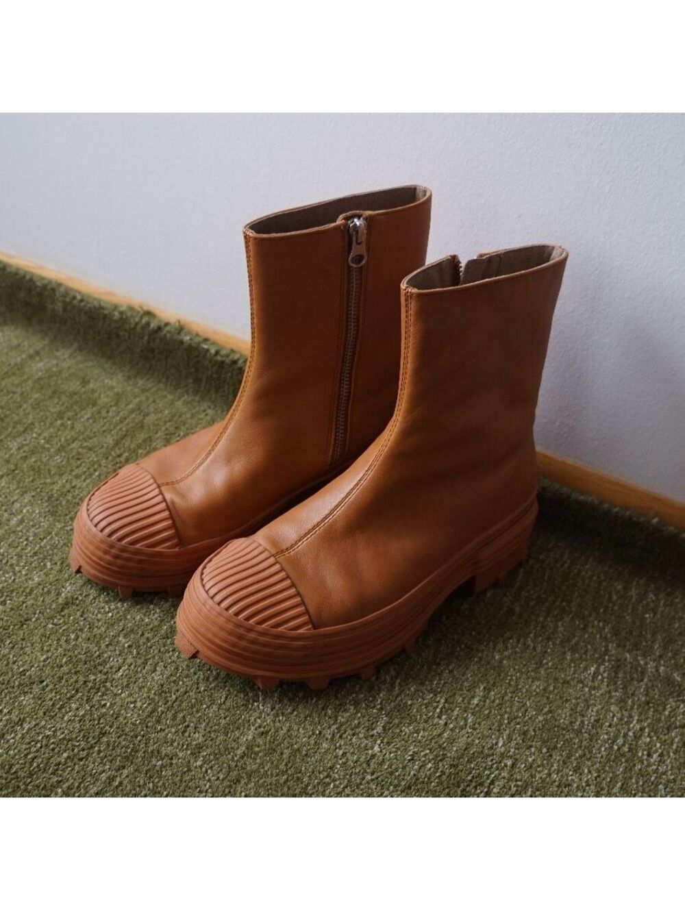 CamperLab Orange Genuine Leather Ankle Boots with Chunky Rubber Sole, Size 37